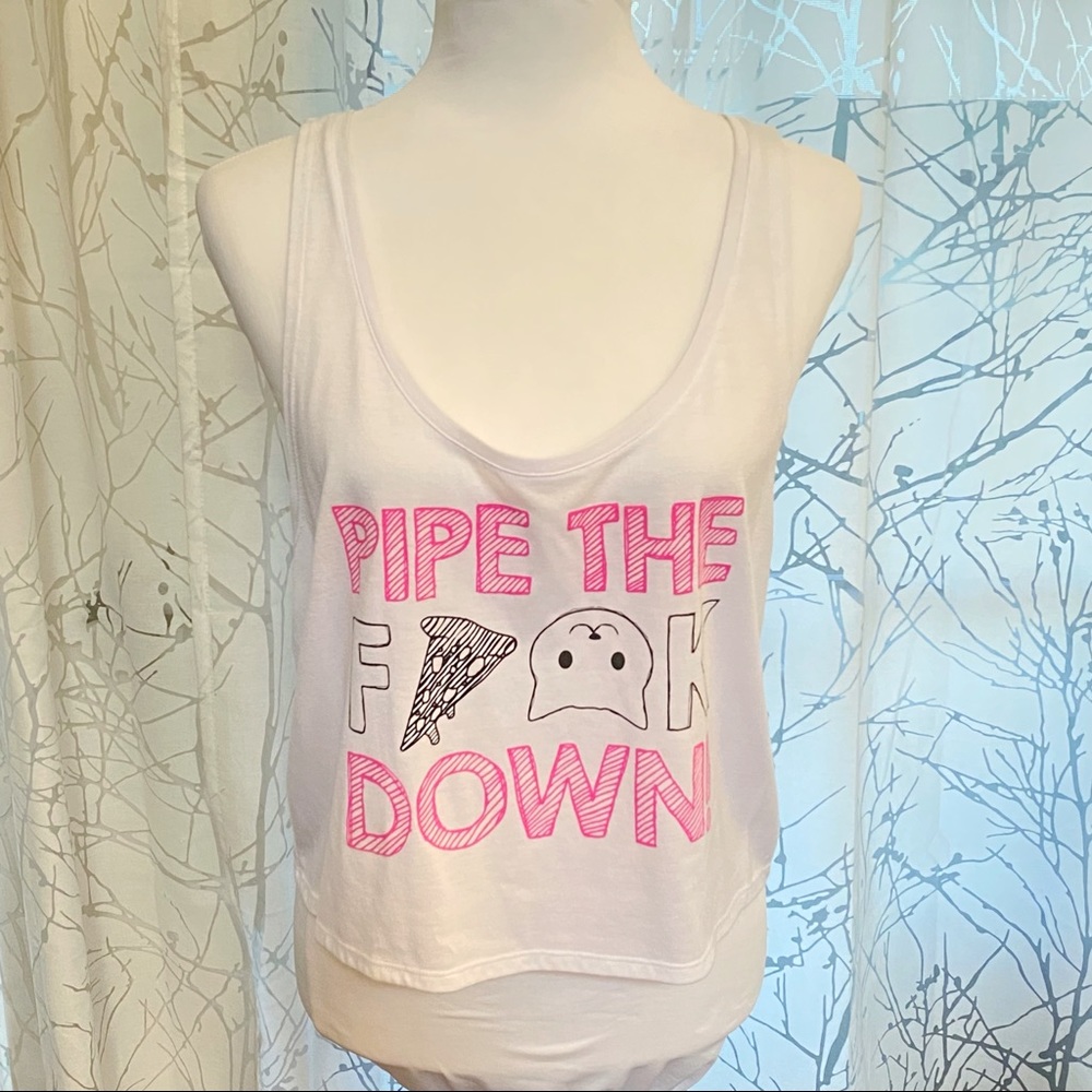 White pink black Pipe the Fuck down scoop neck semi crop tank top